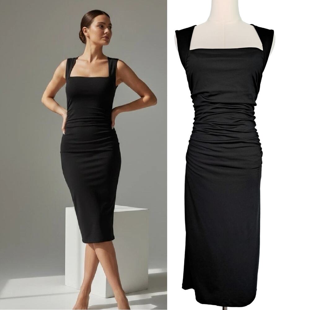Camila Coelho Black Ruched Bodycon Midi Dress Large Square Neck Sleeveless LBD